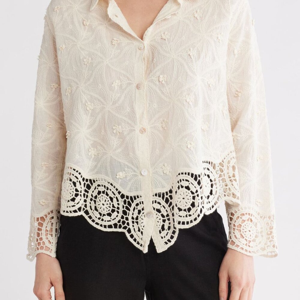 Liv Los Angeles Floral Embroidered Cotton Button-Up Shirt NWT Cream/White L